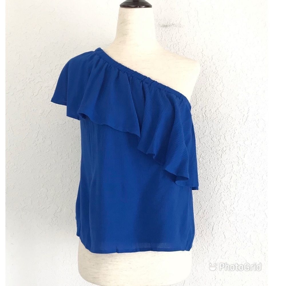 WAYF One Shoulder Top Blouse Popover Ruffle Sleeveless Royal Blue XS X-Small New